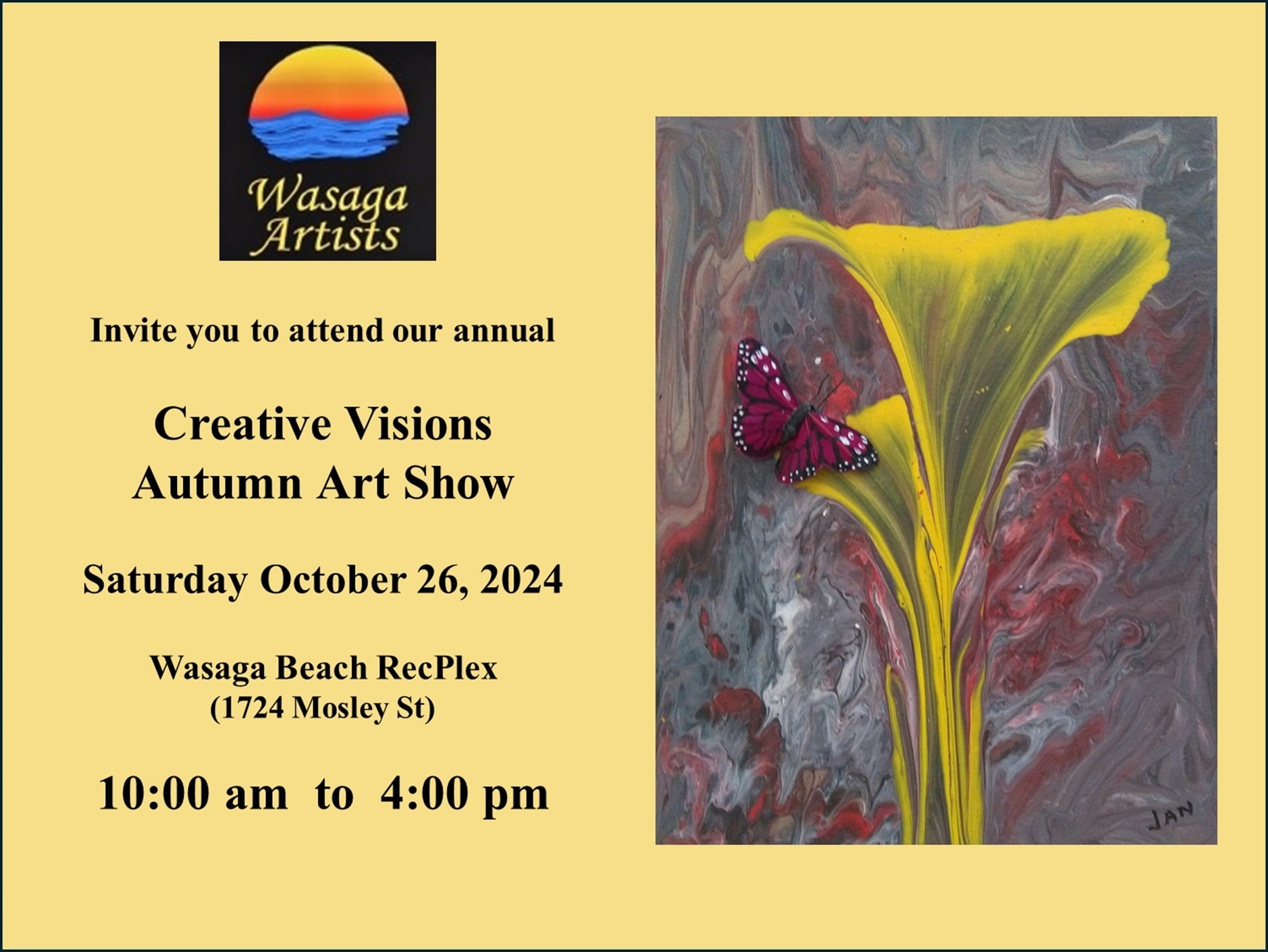 Creative Visions Autumn Art Show poster, Saturday October 26, 2024, Wasaga Beach RecPlex