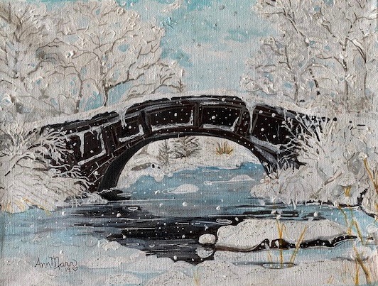 Winter bridge painting by Ann Marr